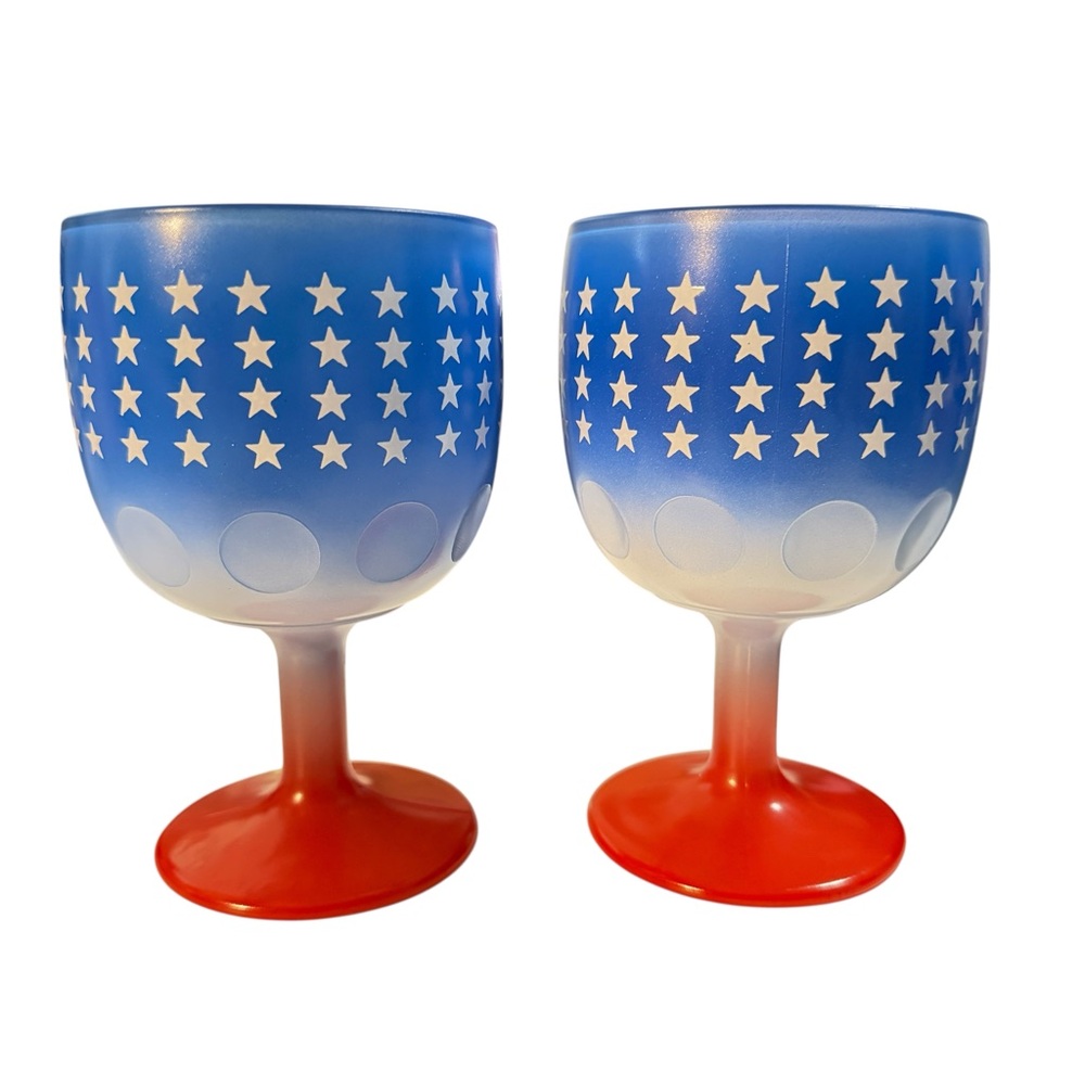Vintage Pair of Blue & Red Thumbprint Goblets | Stars Patriotic Pressed Glass 6" - Picture 5 of 16